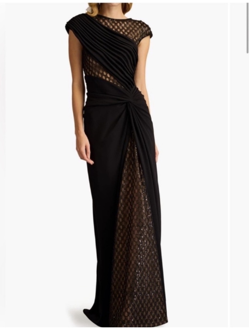 Tadashi Shoji Jetta Peek a Boo Illusion Gown Black Cap Sleeve Maxi Dress